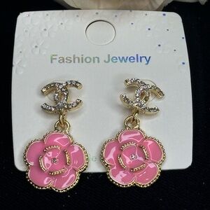 Pink Camellia Flower Crystal Dangling Earrings